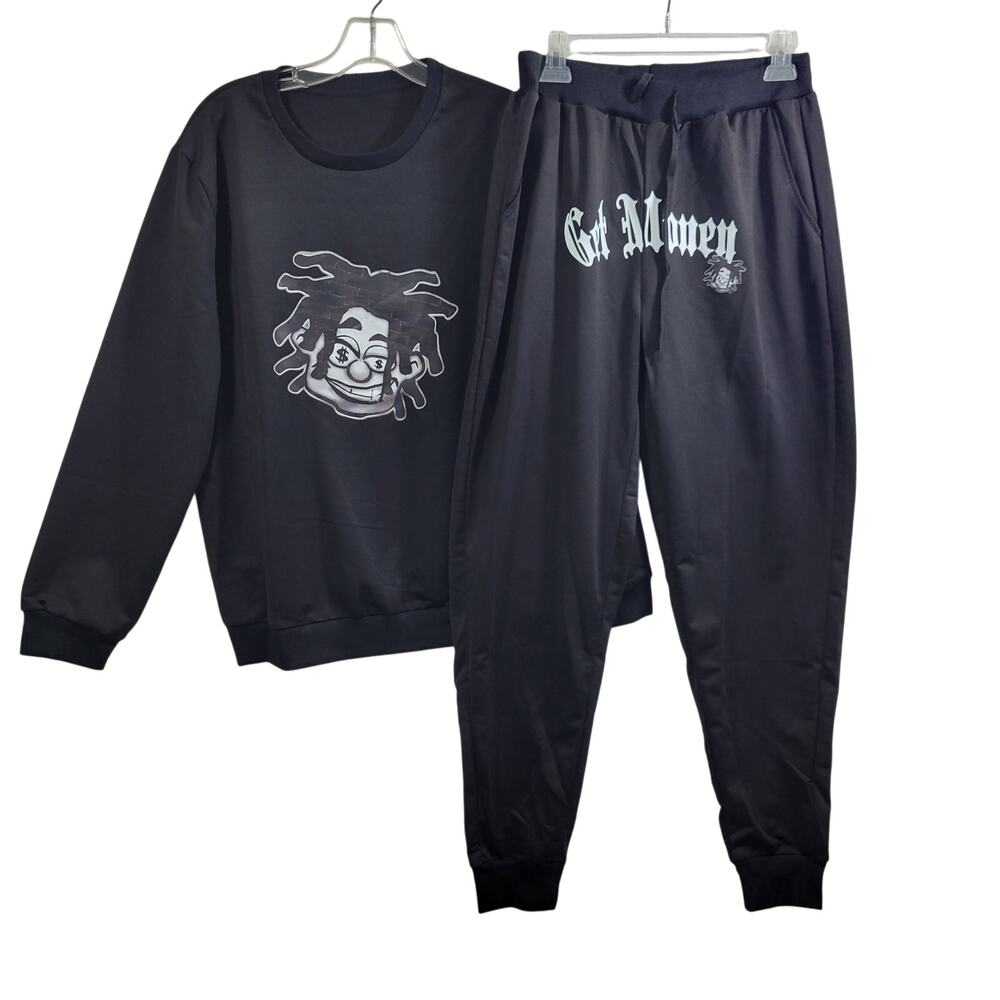 Men's 2 Piece Black Jogger Set Hip Hop Graphics Size M 41025-1107